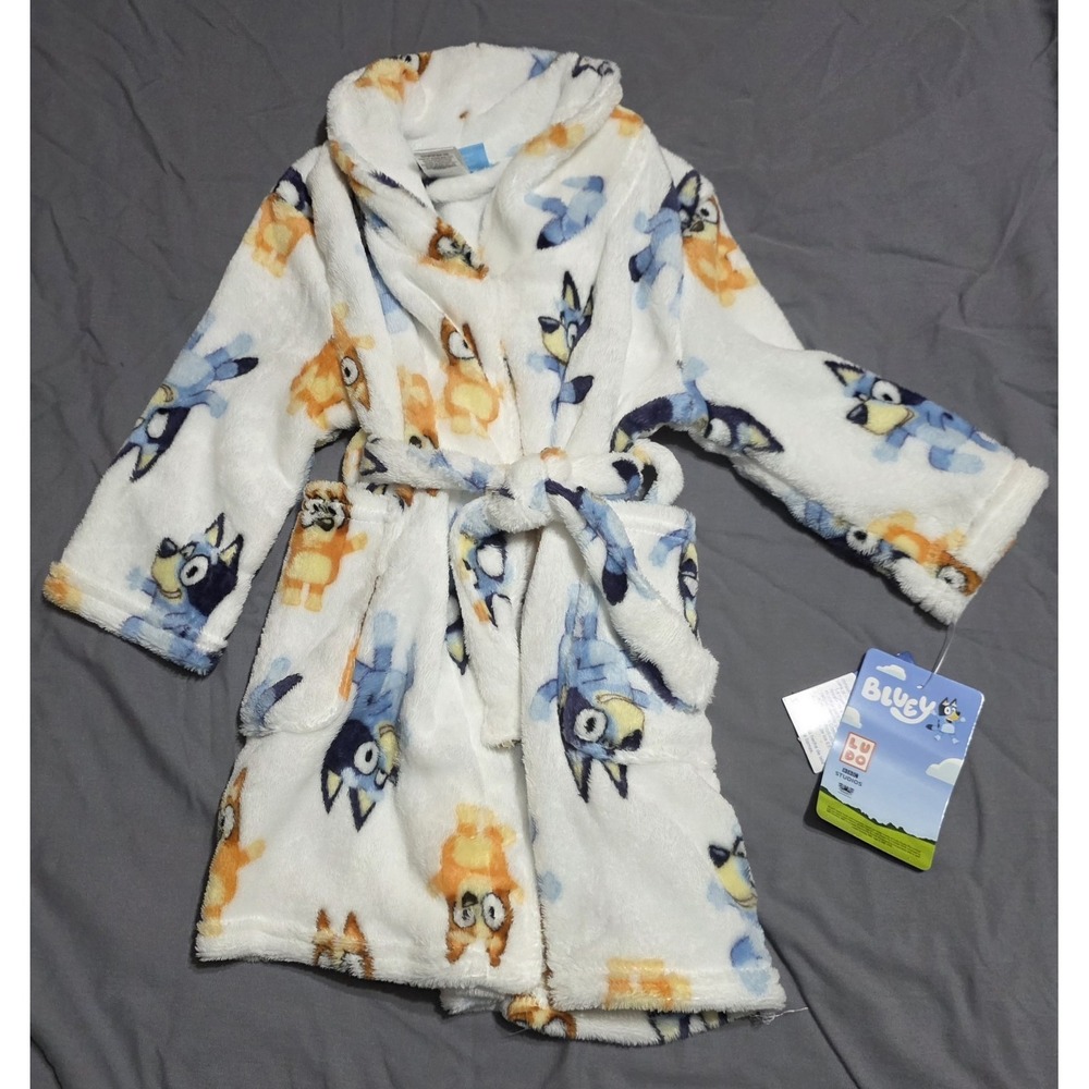 Bluey Size 2T Fleece Bathrobe Polyester Bluey &‎ Bingo Print Tie Belt